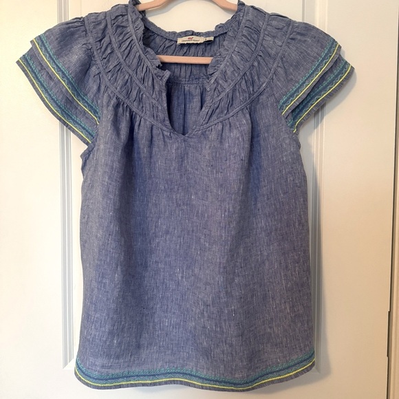 Vineyard Vines Linen Blue Top with Embroidered Aqua & Yellow Accents Size Large - Picture 1 of 5